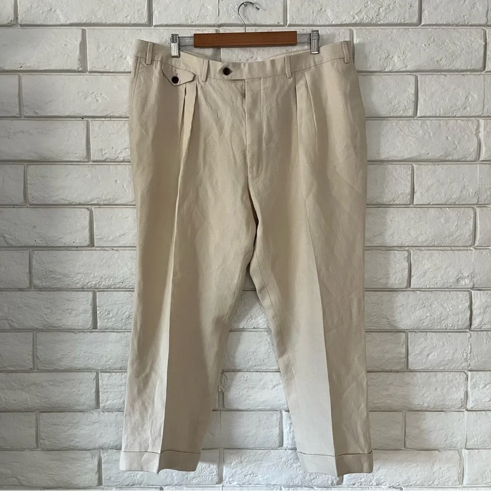 New & Lingwood Men’s Dress Slacks Trouser Cream Ivory Italian Linen Sz 42 Luxury